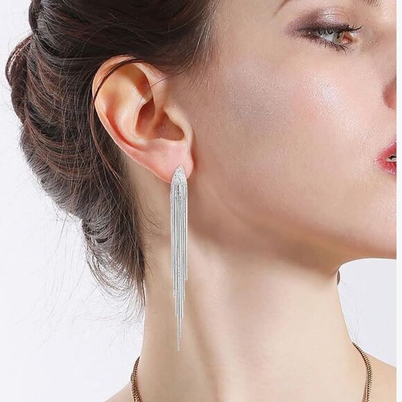 Cascade Chain Metal Statement Silver earrings - Picture 2 of 10